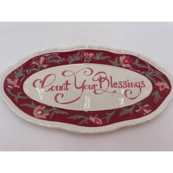 Fitz & Floyd Hand-Painted Oval Ceramic Tray "Count Your Blessings" Floral Design - Picture 1 of 3